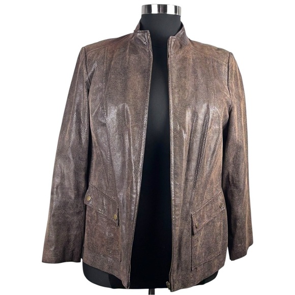 ALFANI BROWN SNAKESKIN LEATHER MOCK NECK ZIP UP JACKET - Picture 4 of 14